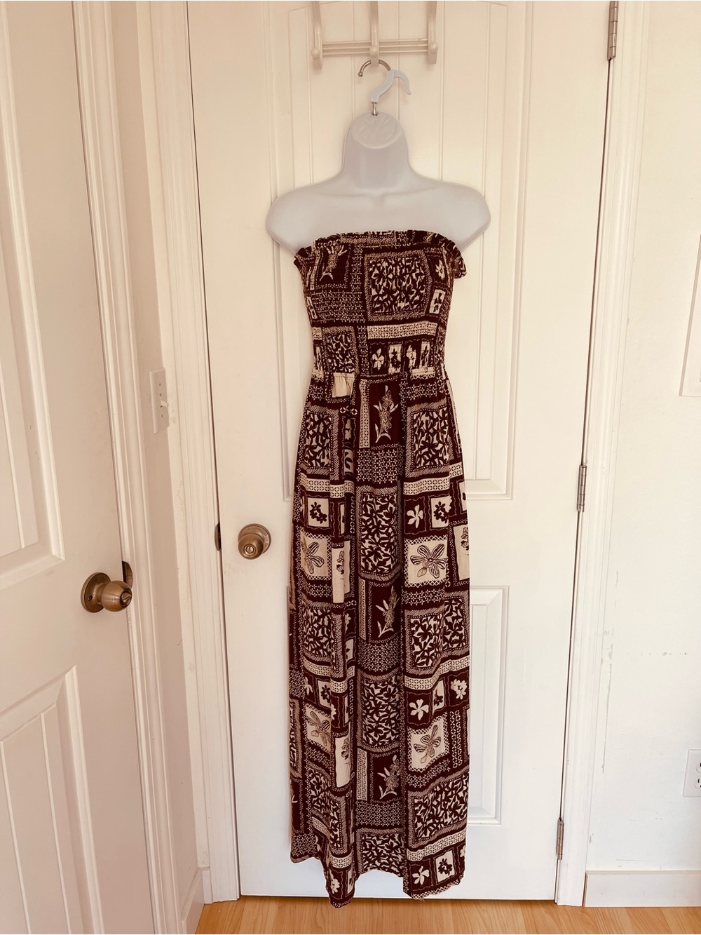 Boho Strapless Maxi Dress in Brown and Cream